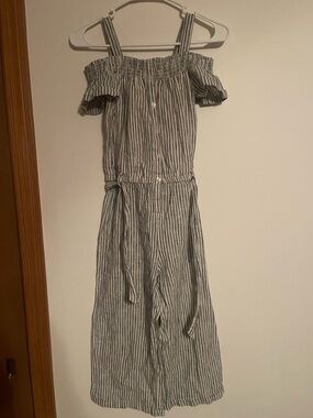7 For All Mankind Striped Off-Shoulder Jumpsuit - Gray & White